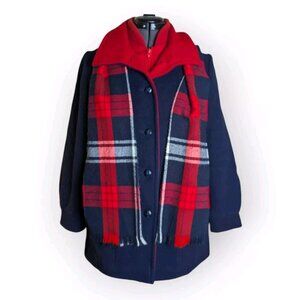 Vintage Wool Blend Pea Coat Blue w/ Red Lining & Scarf Sz M Made In USA Preppy